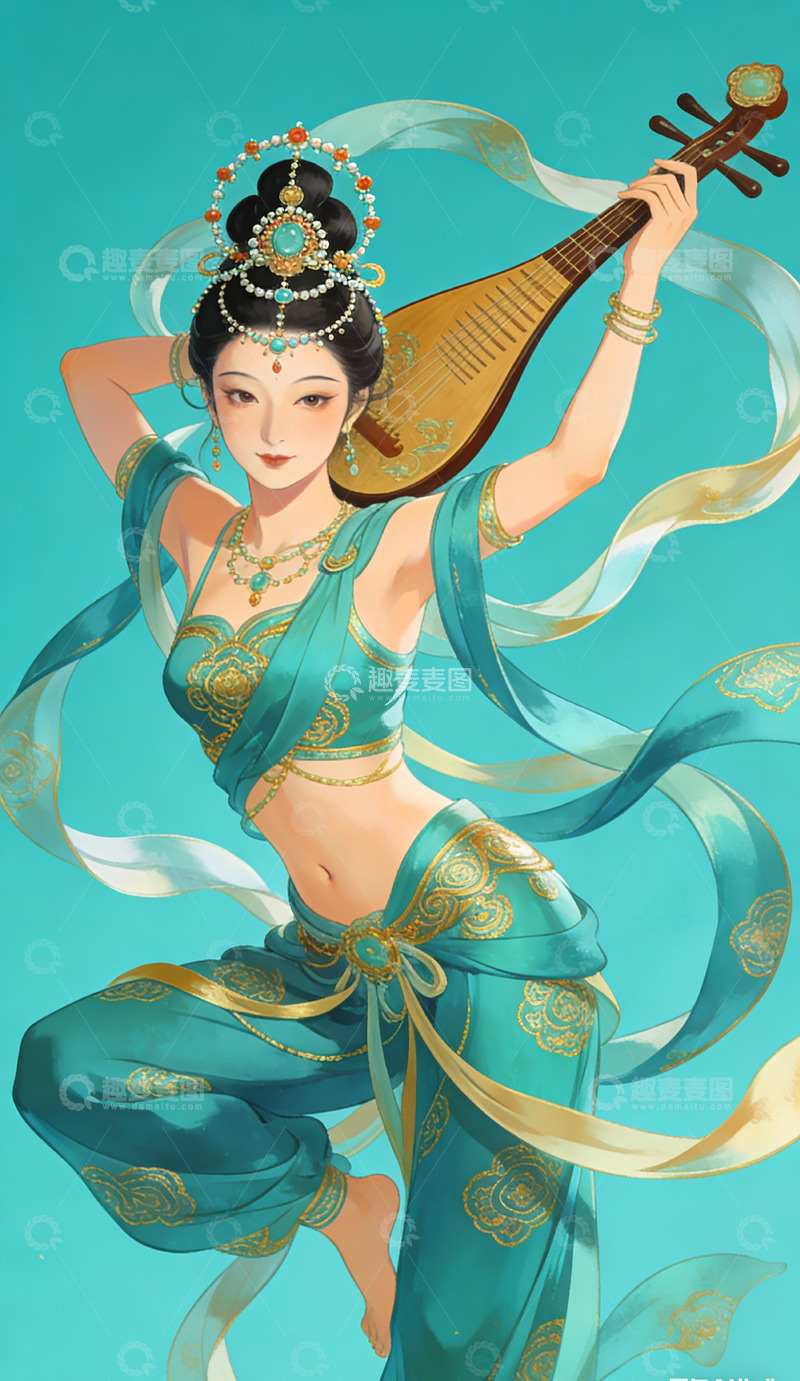 高清大图下载【趣麦麦图】古风美人琵琶演奏艺术插画装饰画