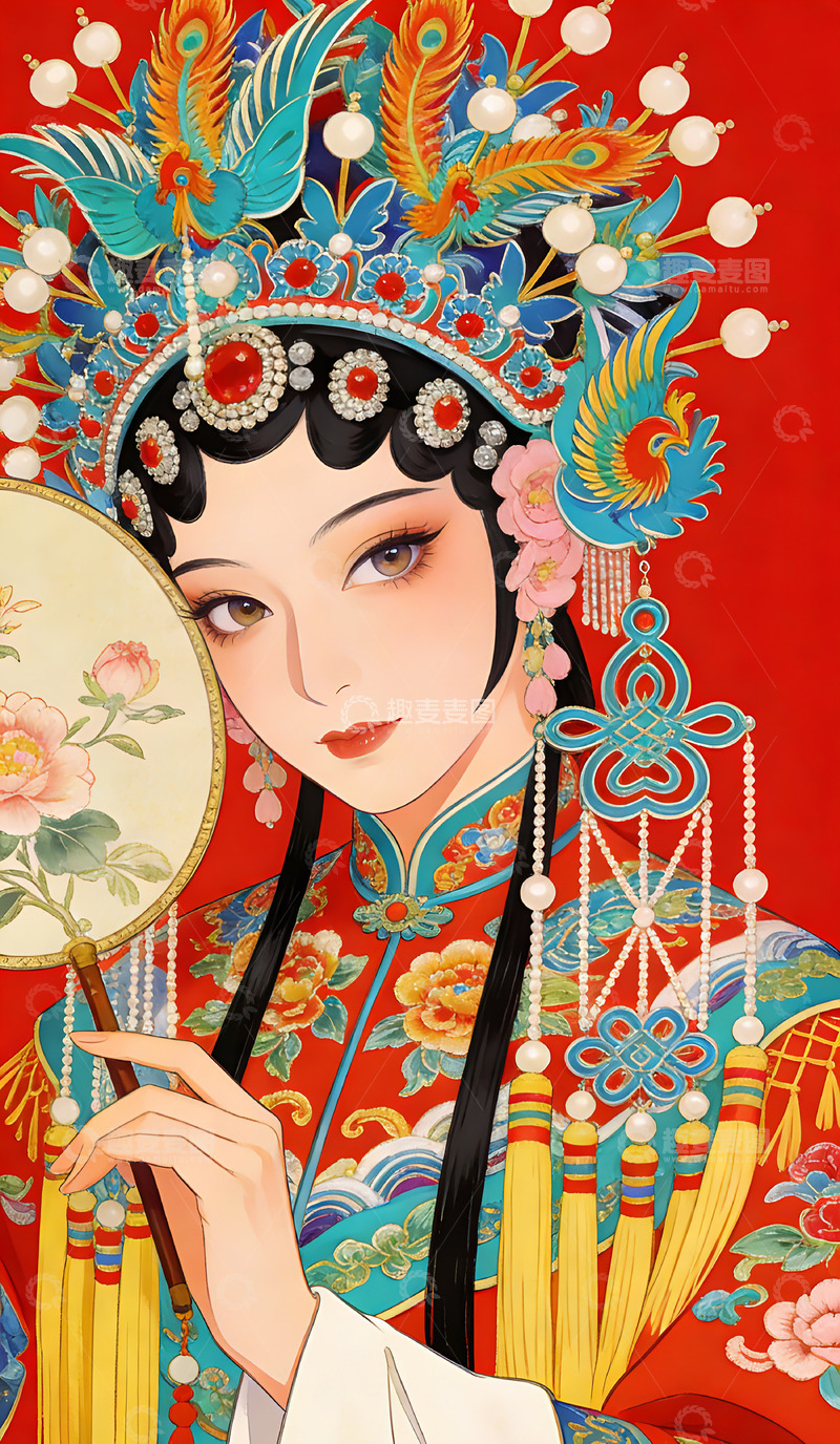高清大图下载【趣麦麦图】京剧人物华丽头饰插画装饰画