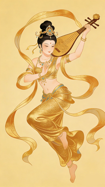 古典金色飞天琵琶少女插画装饰画