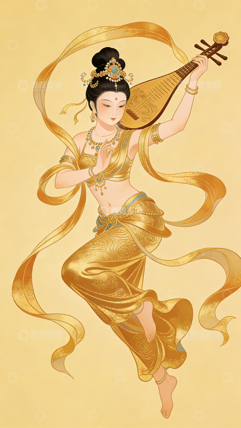 高清大图下载【趣麦麦图】-古典金色飞天琵琶少女插画装饰画