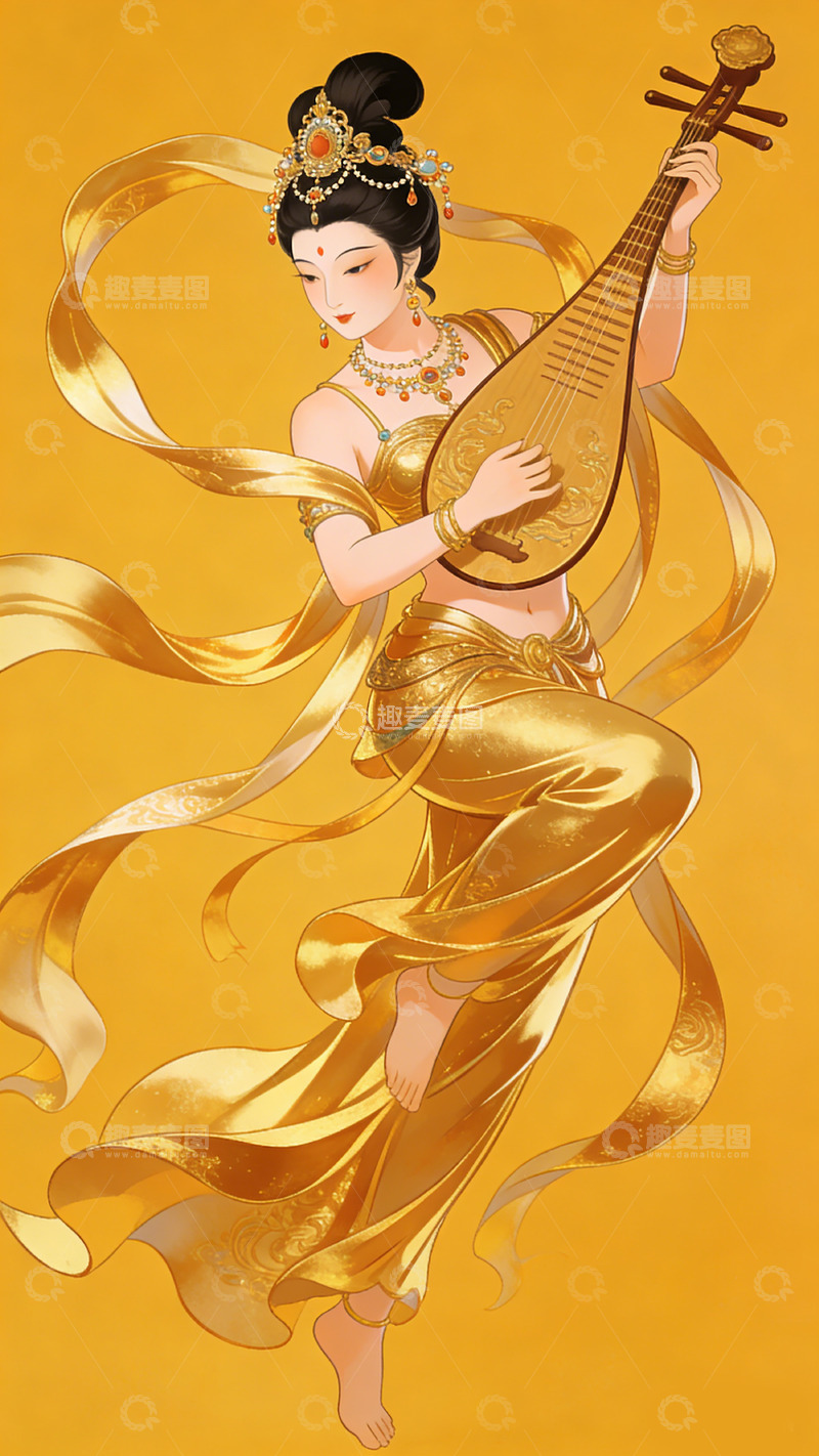 高清大图下载【趣麦麦图】古风美女琵琶演奏艺术插画装饰画