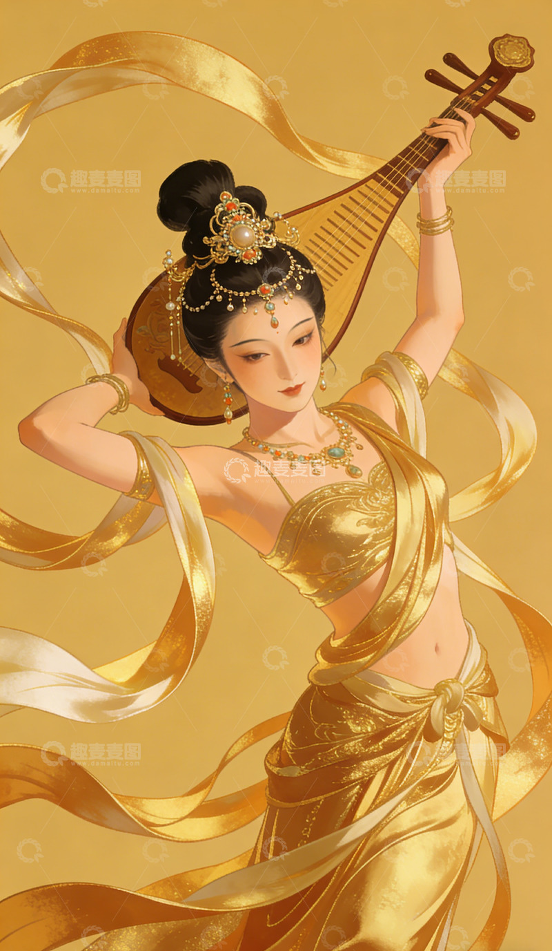 高清大图下载【趣麦麦图】古风仕女琵琶演奏插画装饰画