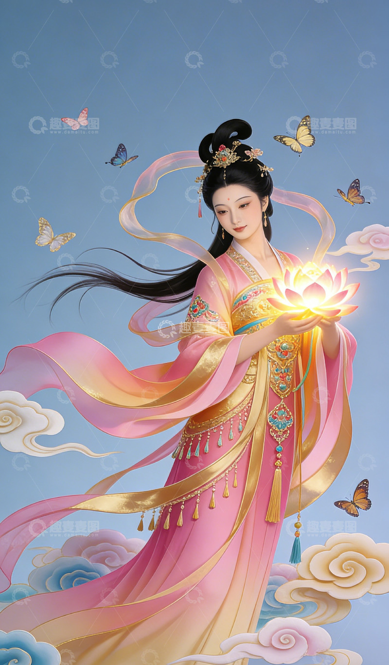高清大图下载【趣麦麦图】古风仙女莲花灯插画装饰画