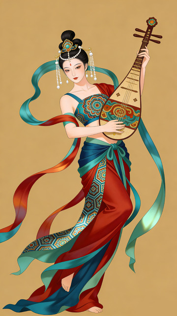 古典美女琵琶演奏艺术插画装饰画