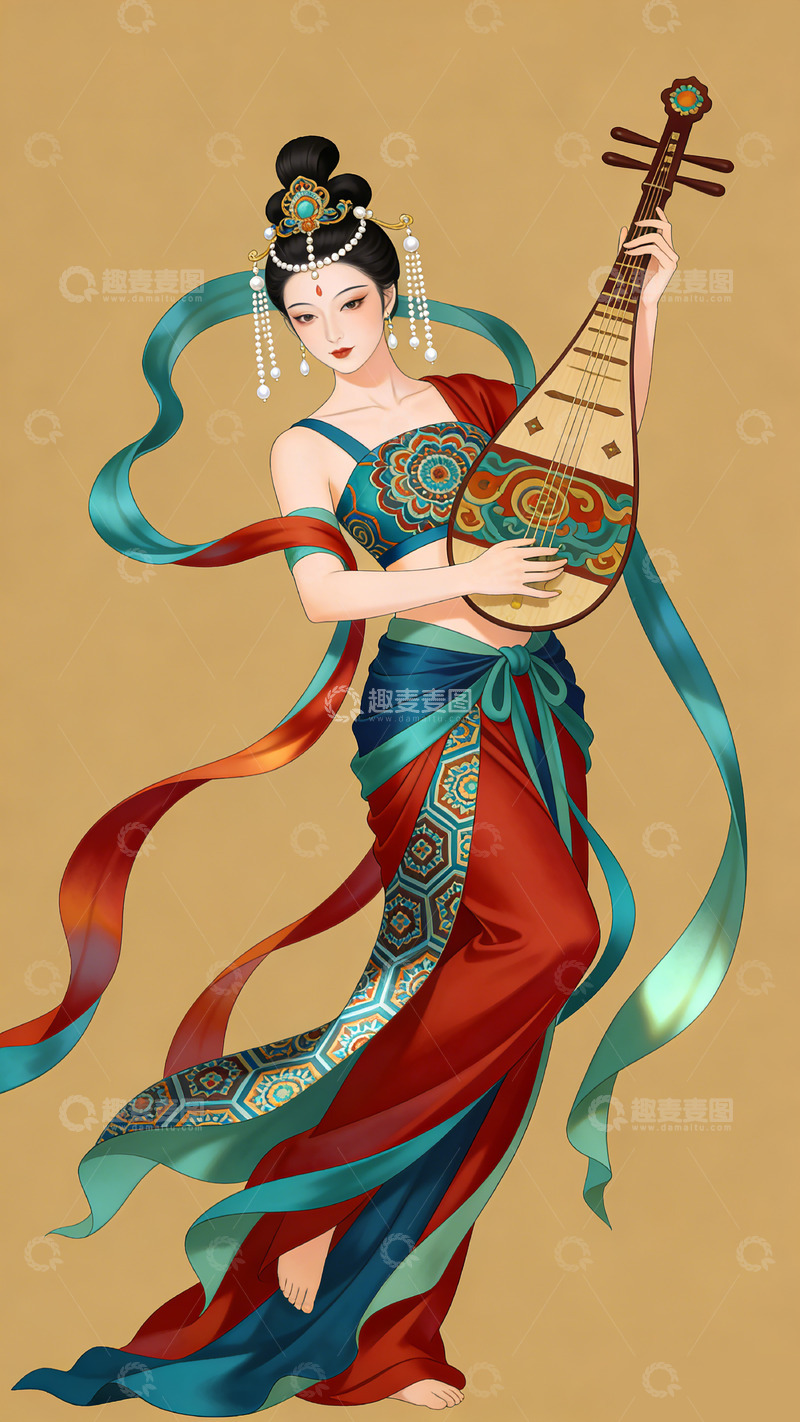 高清大图下载【趣麦麦图】古典美女琵琶演奏艺术插画装饰画