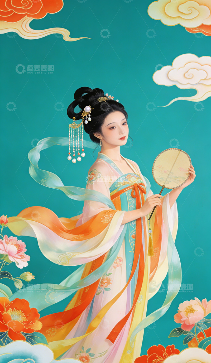 高清大图下载【趣麦麦图】古风美女手持团扇插画装饰画