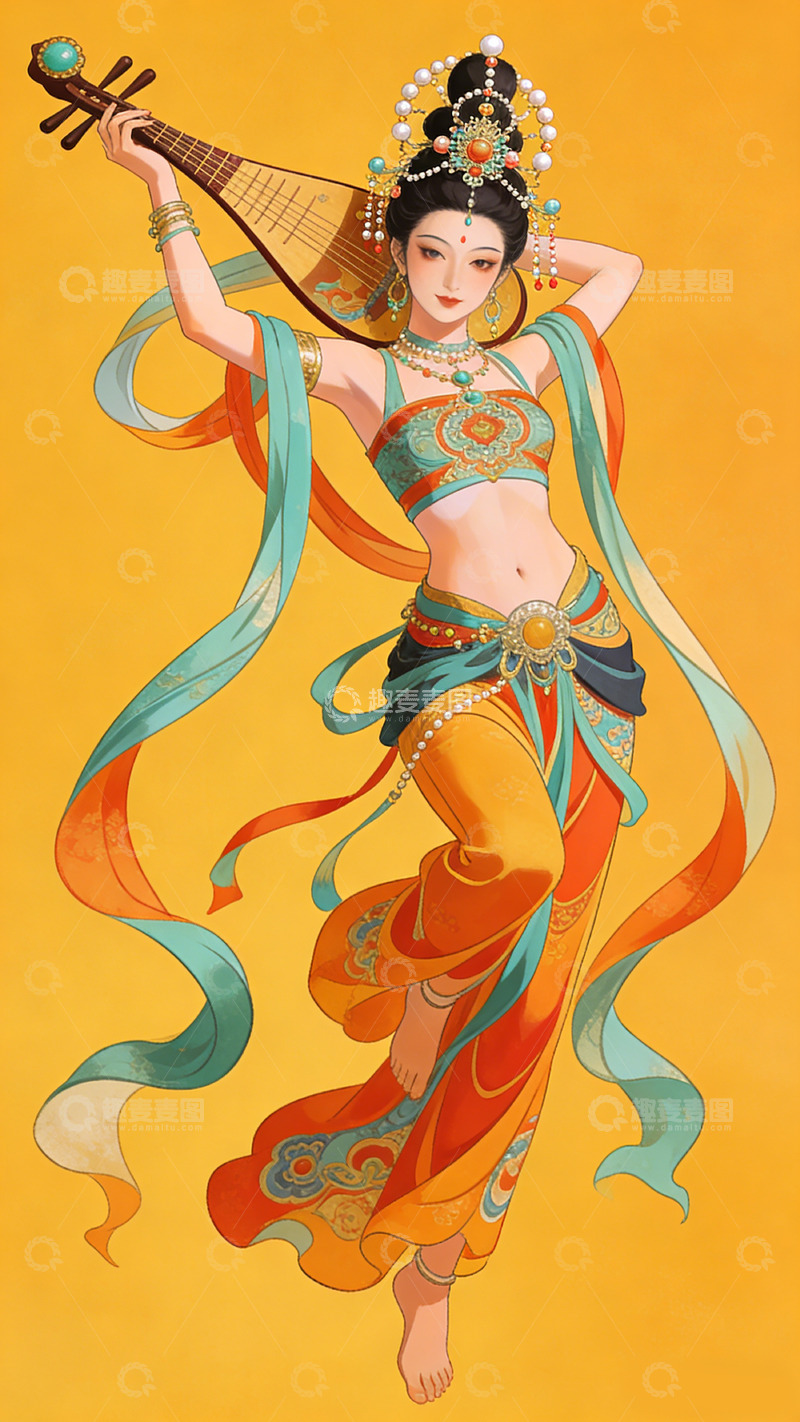 高清大图下载【趣麦麦图】古风仙子琵琶演奏艺术插画装饰画