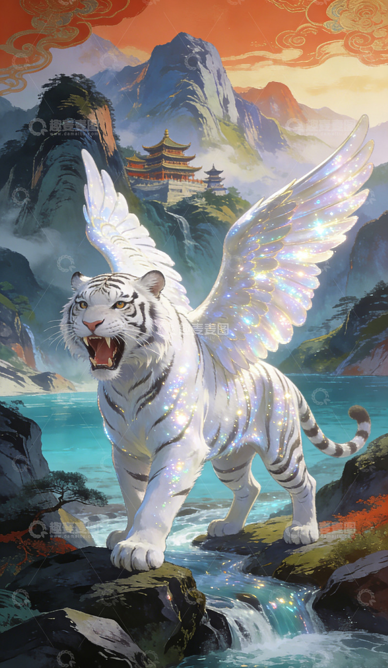 高清大图下载【趣麦麦图】神话白虎山水古风插画装饰画