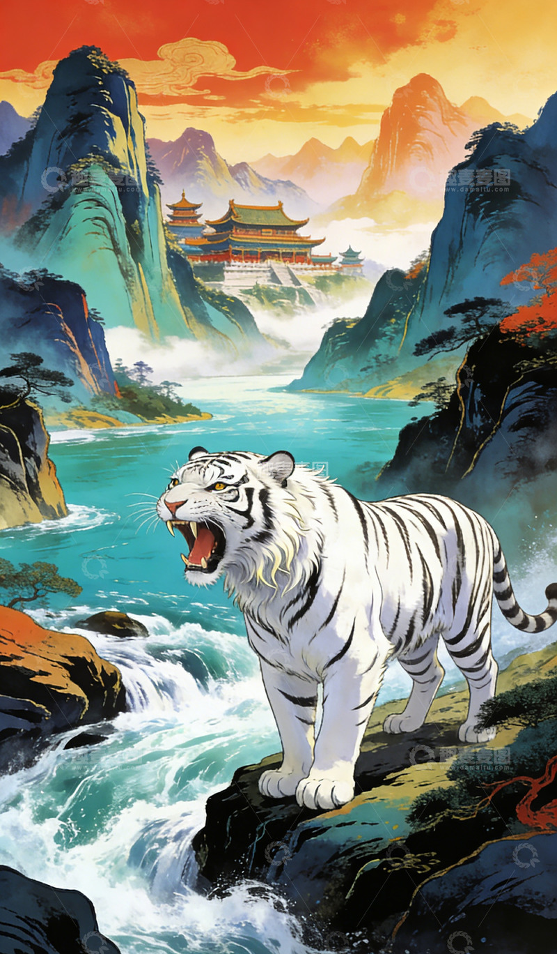 高清大图下载【趣麦麦图】山水白虎国画艺术插画