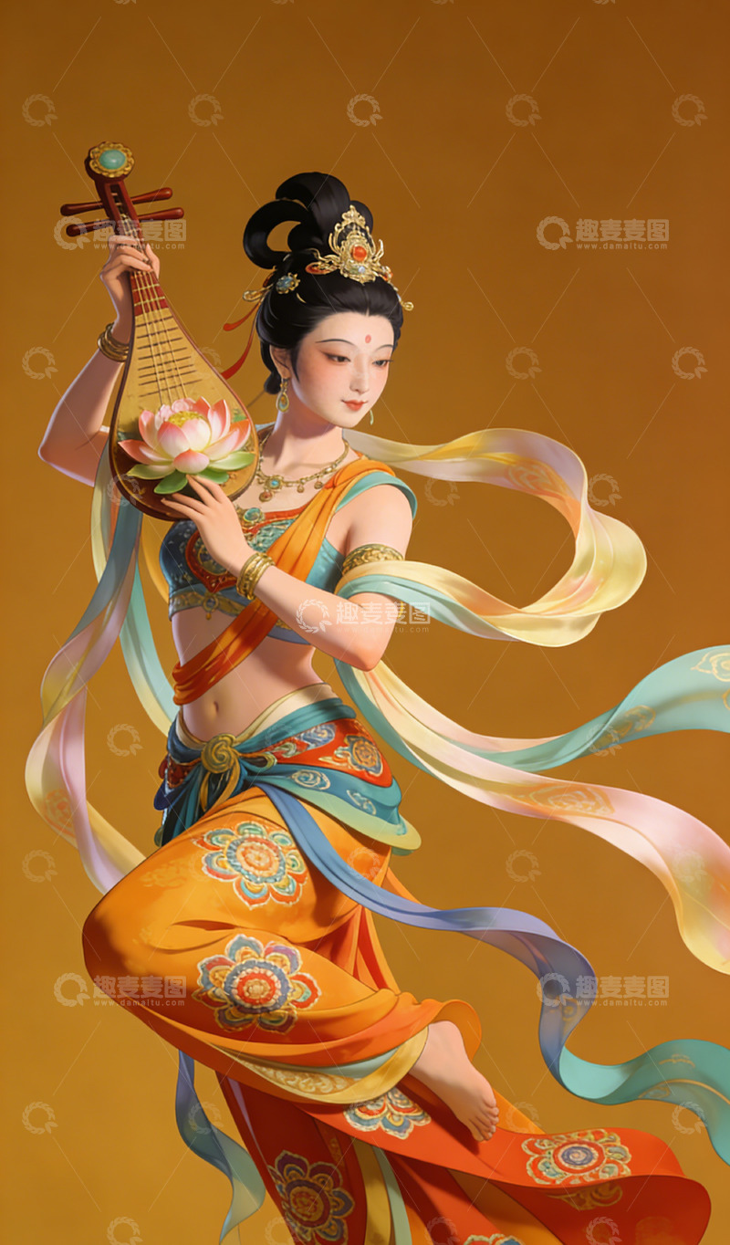 高清大图下载【趣麦麦图】古典风美女琵琶演奏艺术插画装饰画