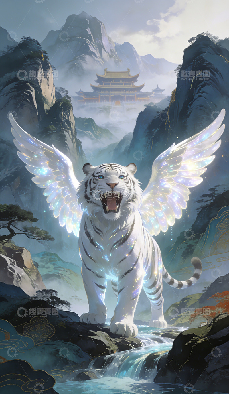 高清大图下载【趣麦麦图】神话风白虎翅膀山水风景画装饰画