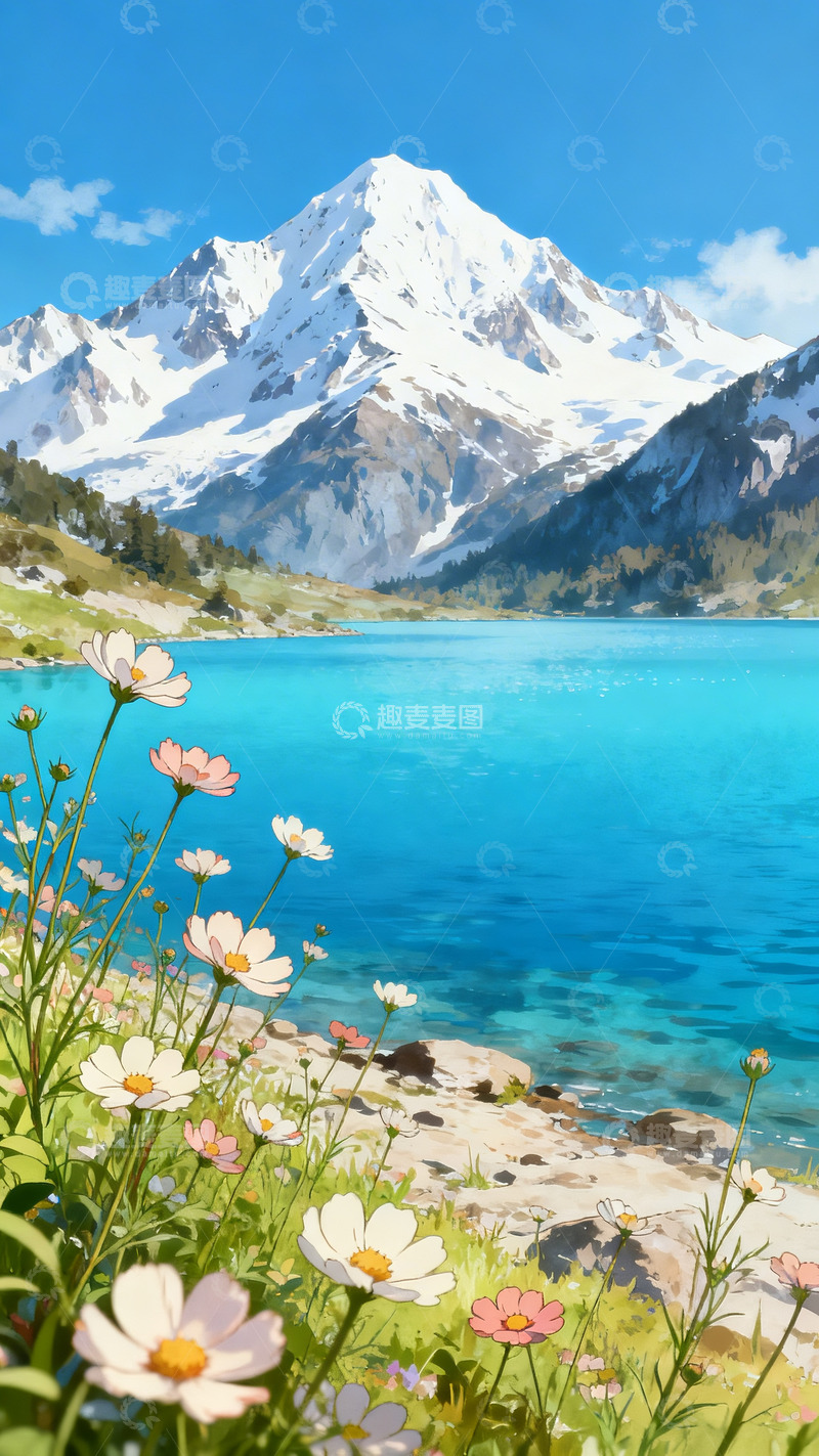 高清大图下载【趣麦麦图】雪山湖泊格桑花插画2