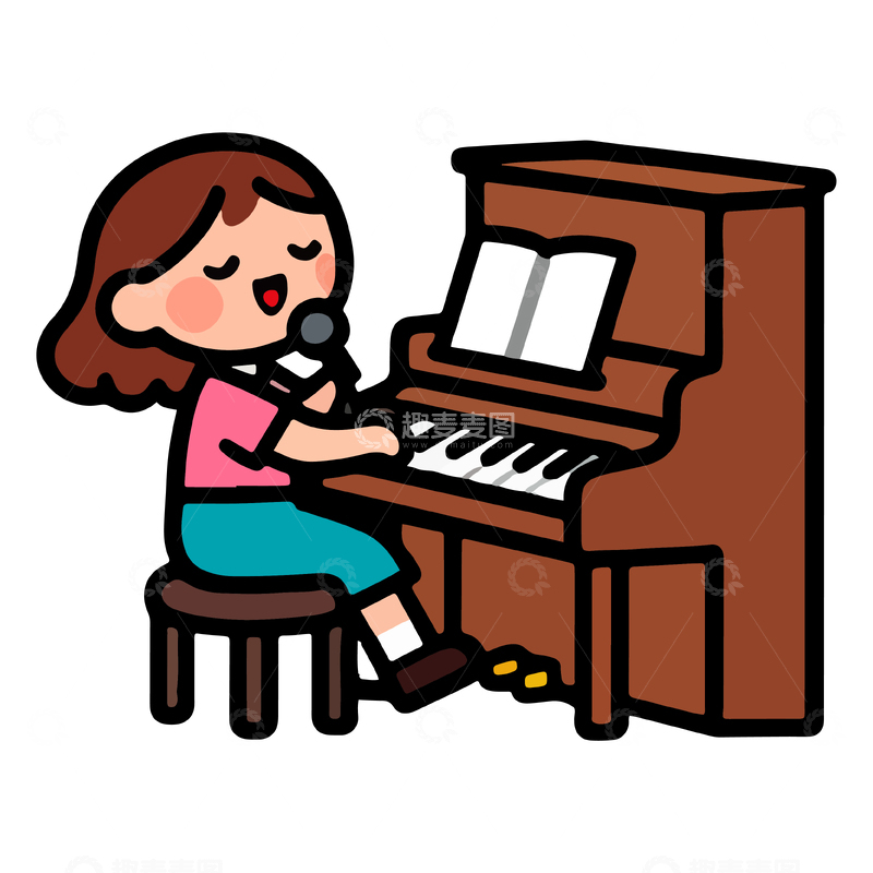 源文件下载【趣麦麦图】卡通小女孩弹钢琴矢量插画