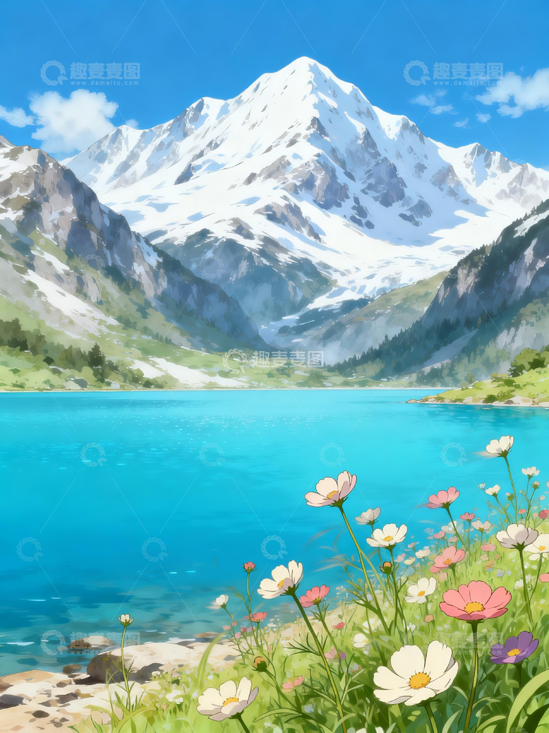 高清大图下载【趣麦麦图】雪山湖泊格桑花插画3