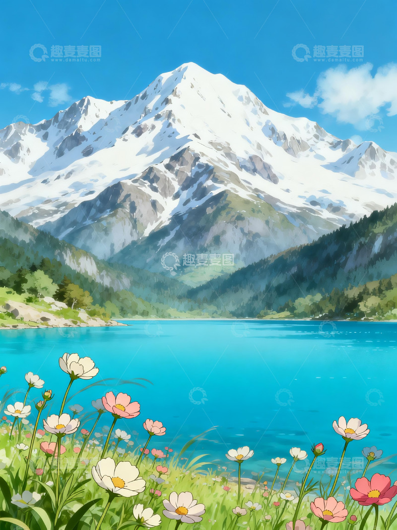 高清大图下载【趣麦麦图】雪山湖泊格桑花插画4