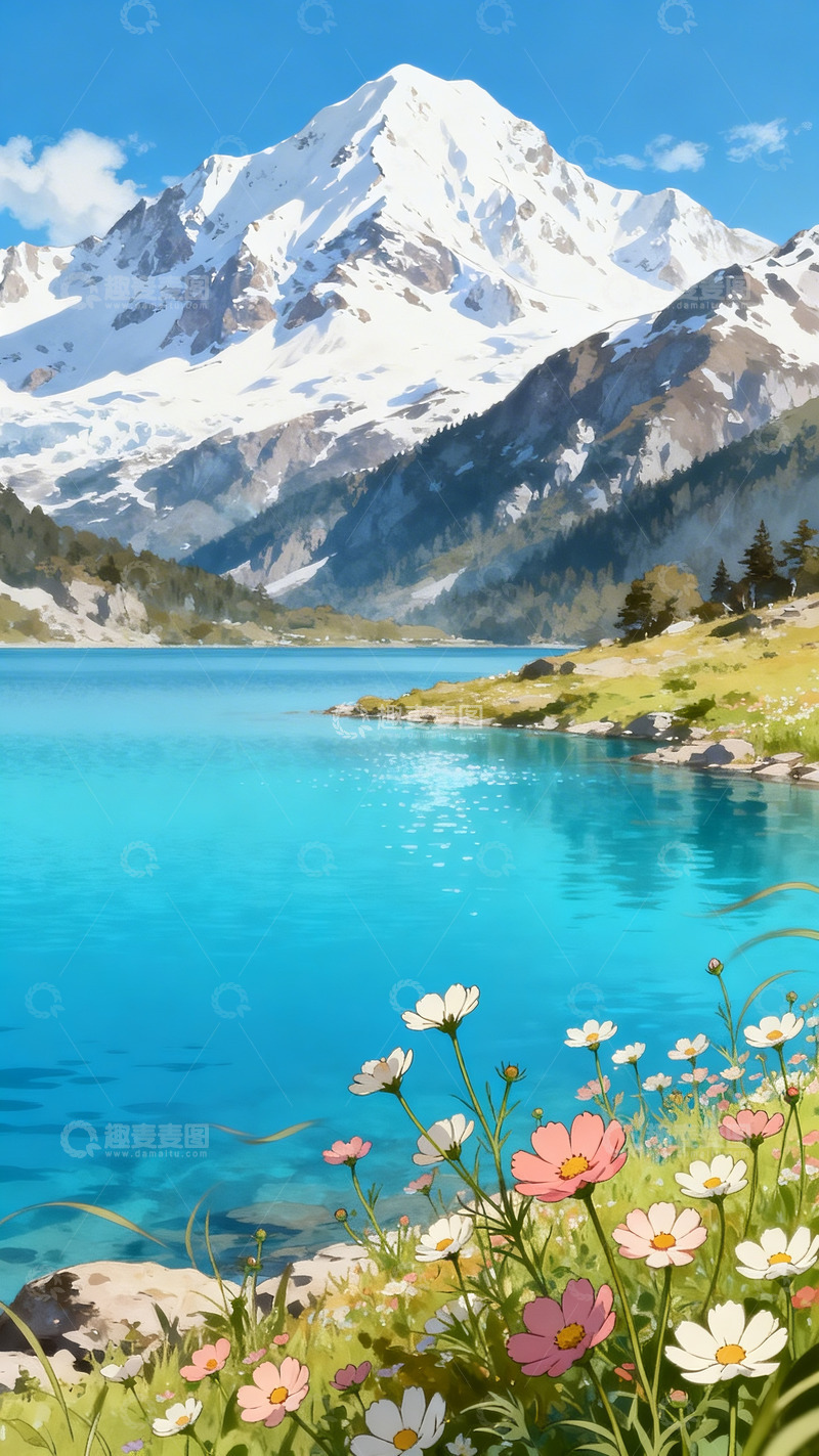 高清大图下载【趣麦麦图】雪山湖泊格桑花插画6