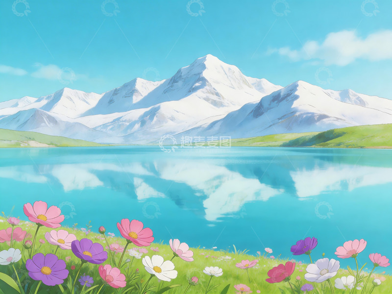 高清大图下载【趣麦麦图】雪山湖泊格桑花插画5