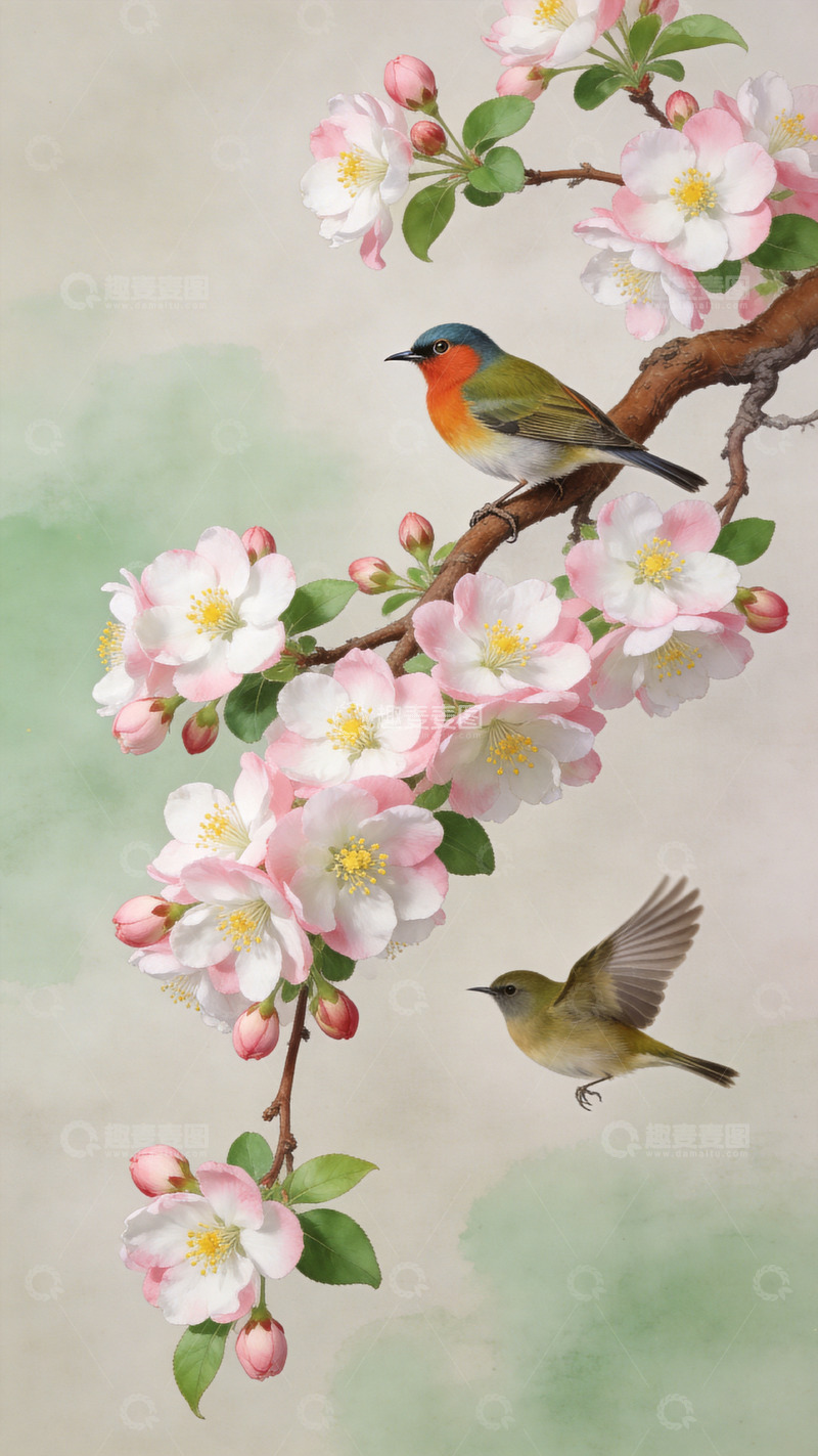 高清大图下载【趣麦麦图】小鸟和花工笔画