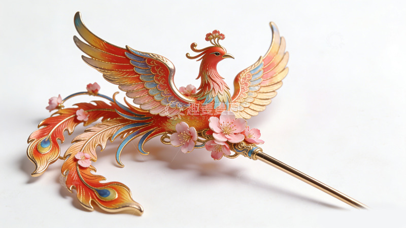 高清大图下载【趣麦麦图】凤凰发簪金属工艺樱花装饰