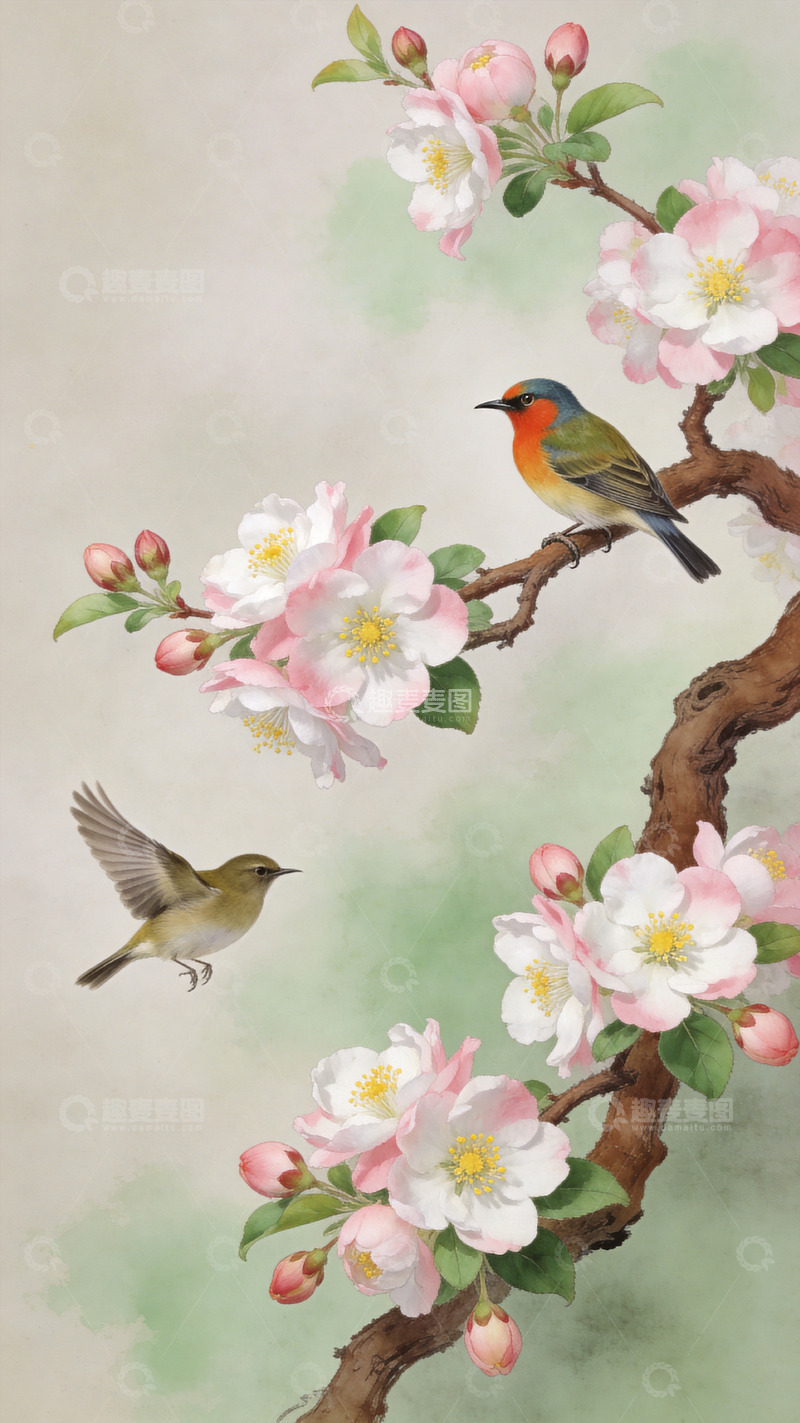 高清大图下载【趣麦麦图】小鸟与粉红花朵