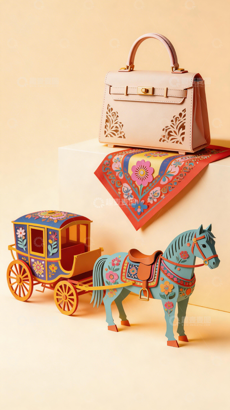 高清大图下载【趣麦麦图】手绘风格精美手提包与马车模型
