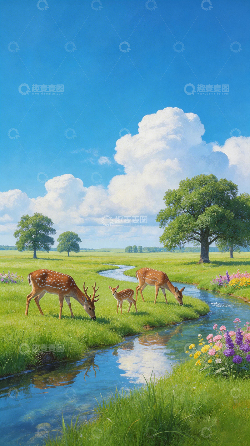 高清大图下载【趣麦麦图】田园风小鹿溪流风景画