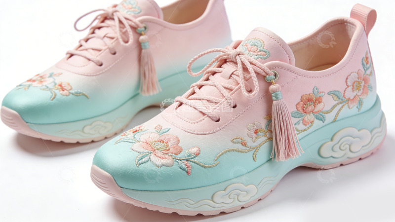 高清大图下载【趣麦麦图】国潮风粉色系花卉运动鞋