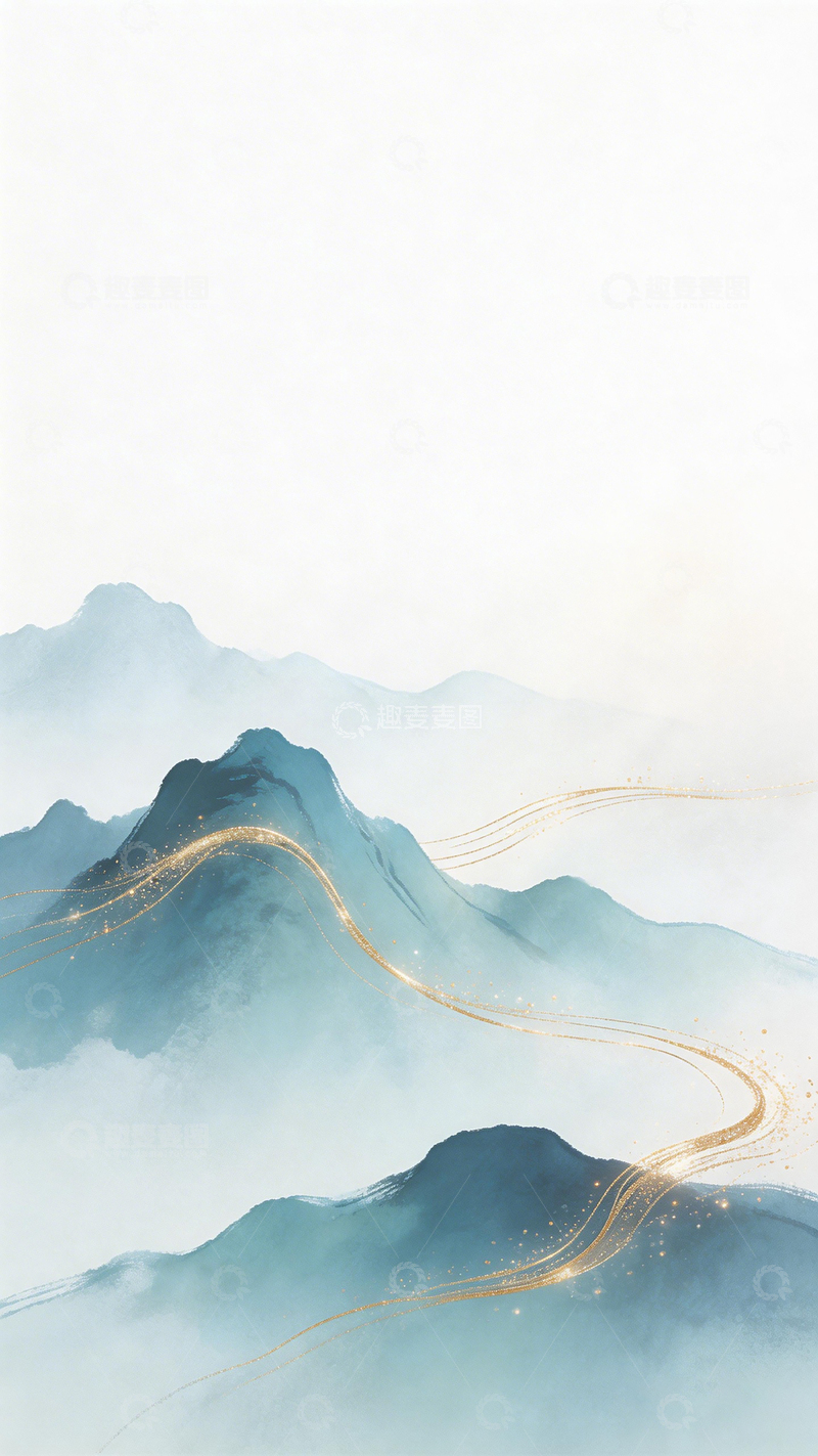 高清大图下载【趣麦麦图】水墨山水金色线条装饰画