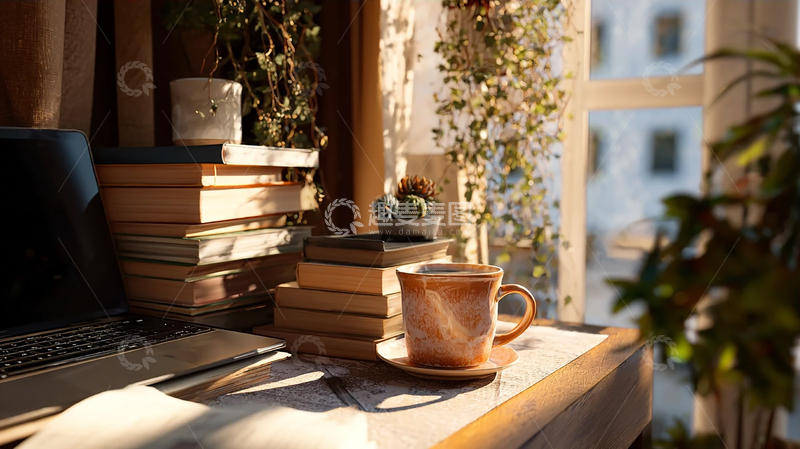 高清大图下载【趣麦麦图】午后静谧的咖啡阅读时光