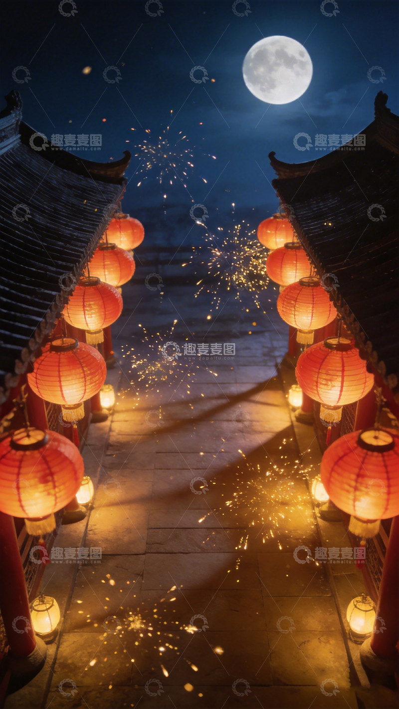 高清大图下载【趣麦麦图】古风元宵夜灯笼烟火景