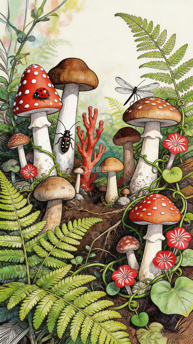 高清大图下载【趣麦麦图】森林蘑菇插画设计素材