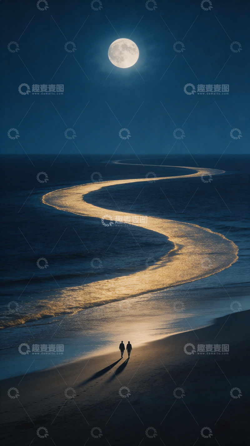高清大图下载【趣麦麦图】月光海滩漫步剪影
