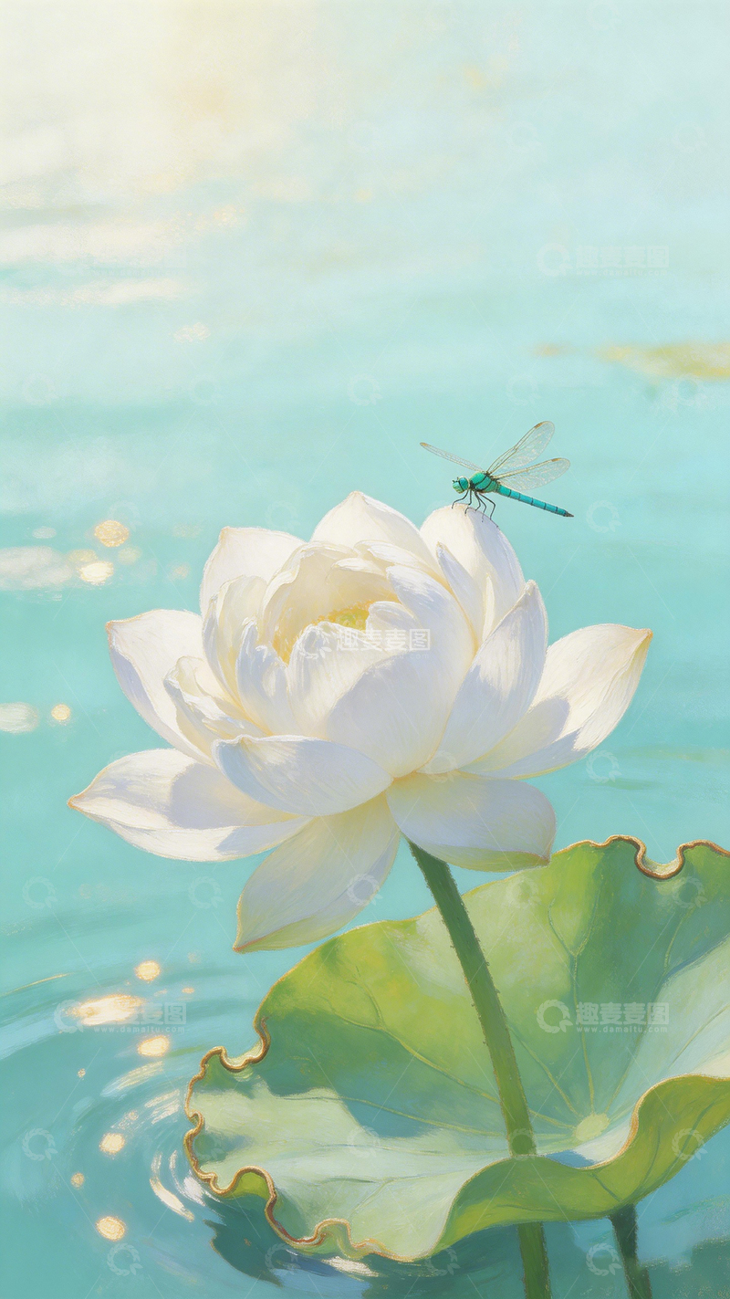 高清大图下载【趣麦麦图】清新荷花蜻蜓插画