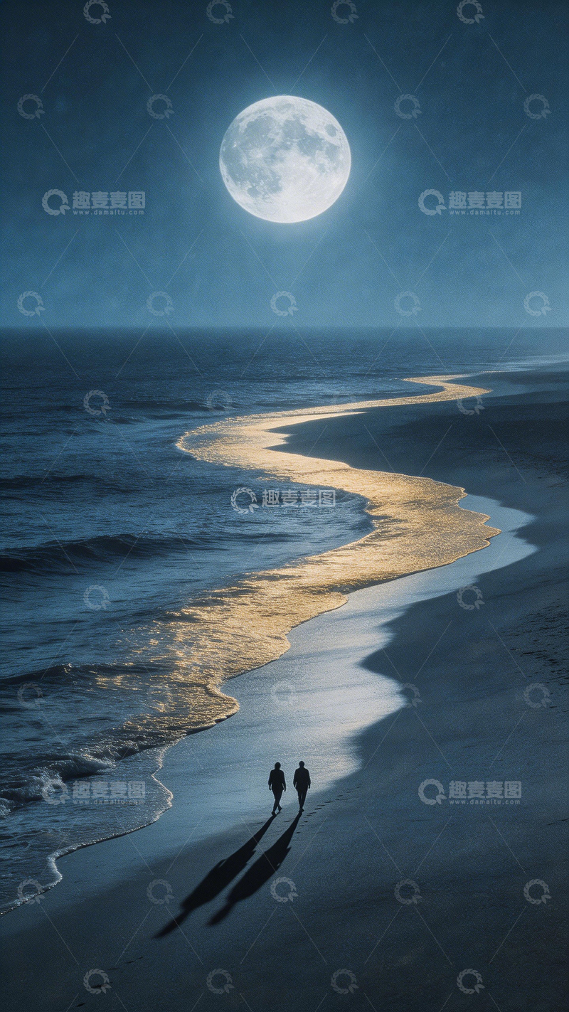 高清大图下载【趣麦麦图】月光海滩漫步剪影