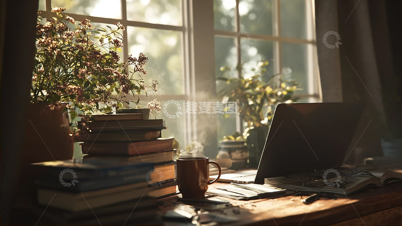 高清大图下载【趣麦麦图】光影交织的静谧书房梦境