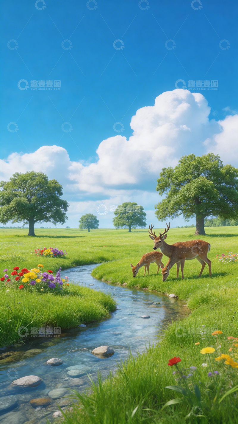 高清大图下载【趣麦麦图】田园风溪流小鹿风景画