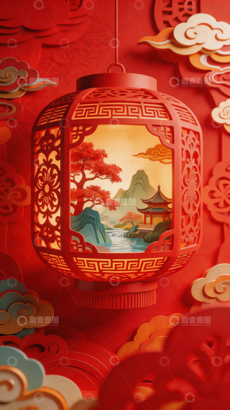 高清大图下载【趣麦麦图】中式灯笼山水画装饰设计