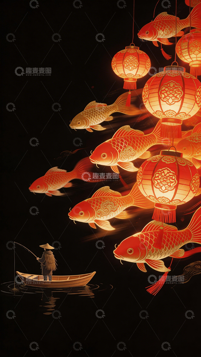 高清大图下载【趣麦麦图】东方风格灯笼鱼灯插画