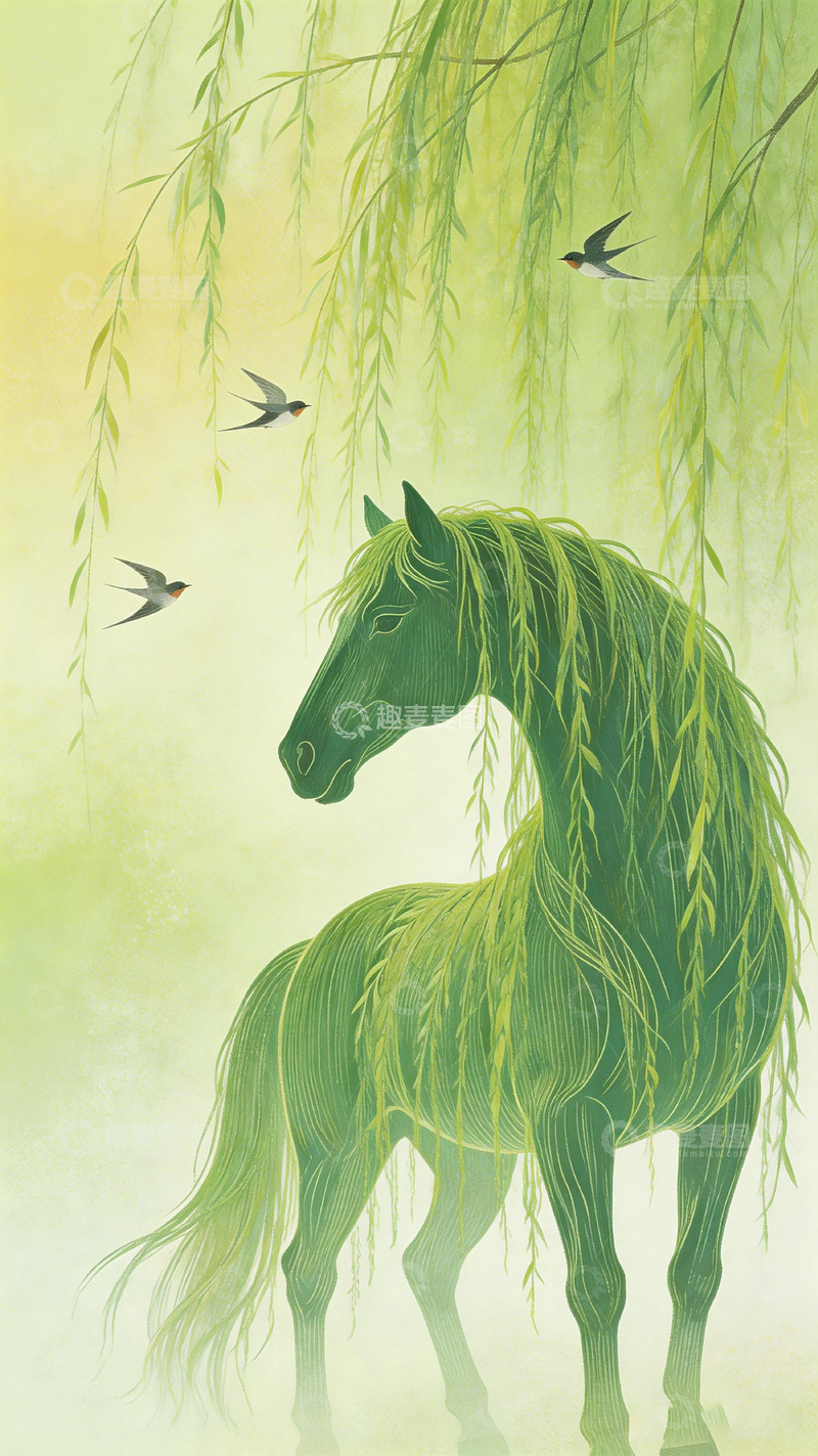 高清大图下载【趣麦麦图】柳树下骏马图