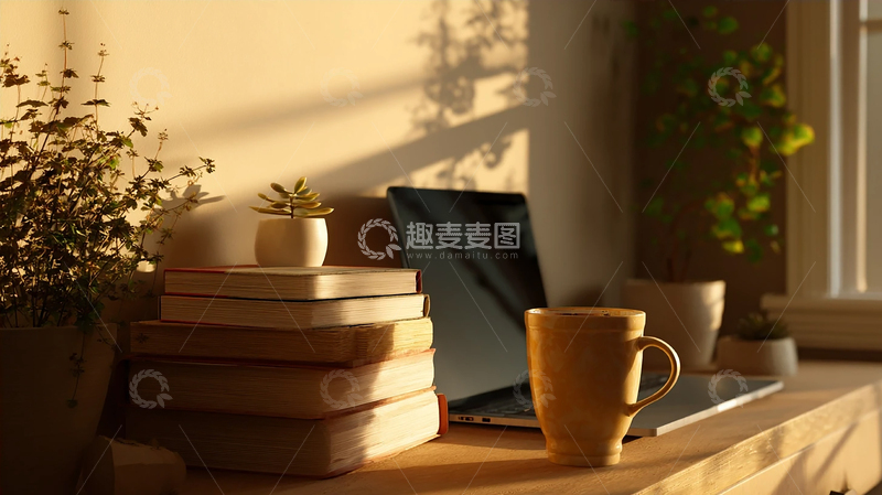 高清大图下载【趣麦麦图】夕阳下的静谧书桌时光