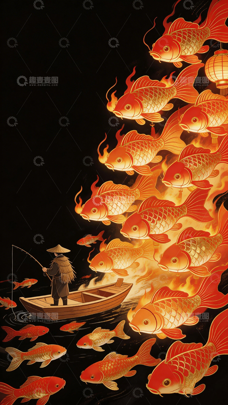 高清大图下载【趣麦麦图】东方风格锦鲤跃动渔舟图