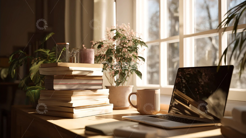 高清大图下载【趣麦麦图】阳光洒落下的温馨书房角落