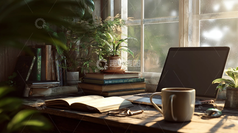 高清大图下载【趣麦麦图】书桌上的晨光与绿意交响