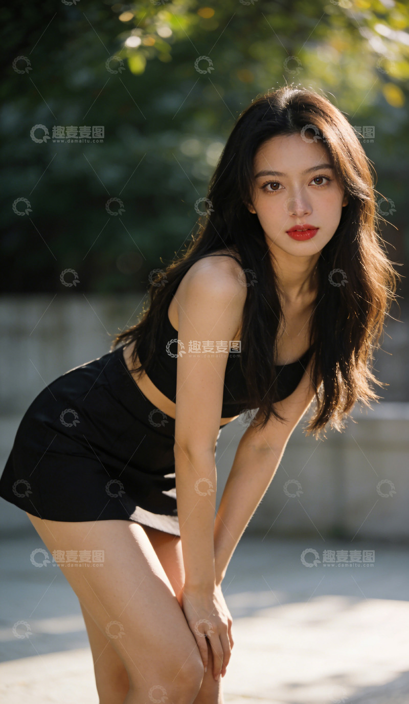 高清大图下载【趣麦麦图】户外写真黑色连衣裙美女