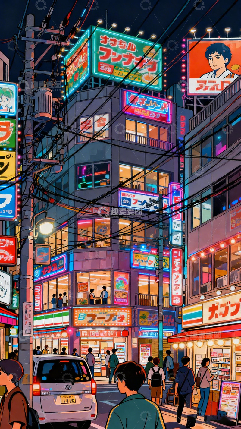 高清大图下载【趣麦麦图】霓虹都市夜景插画素材