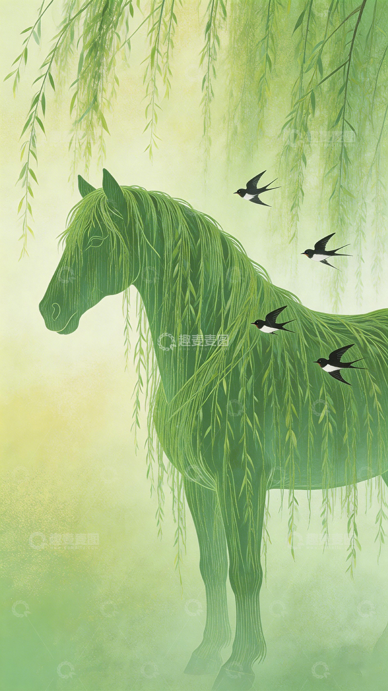 高清大图下载【趣麦麦图】绿意盎然马燕共舞图