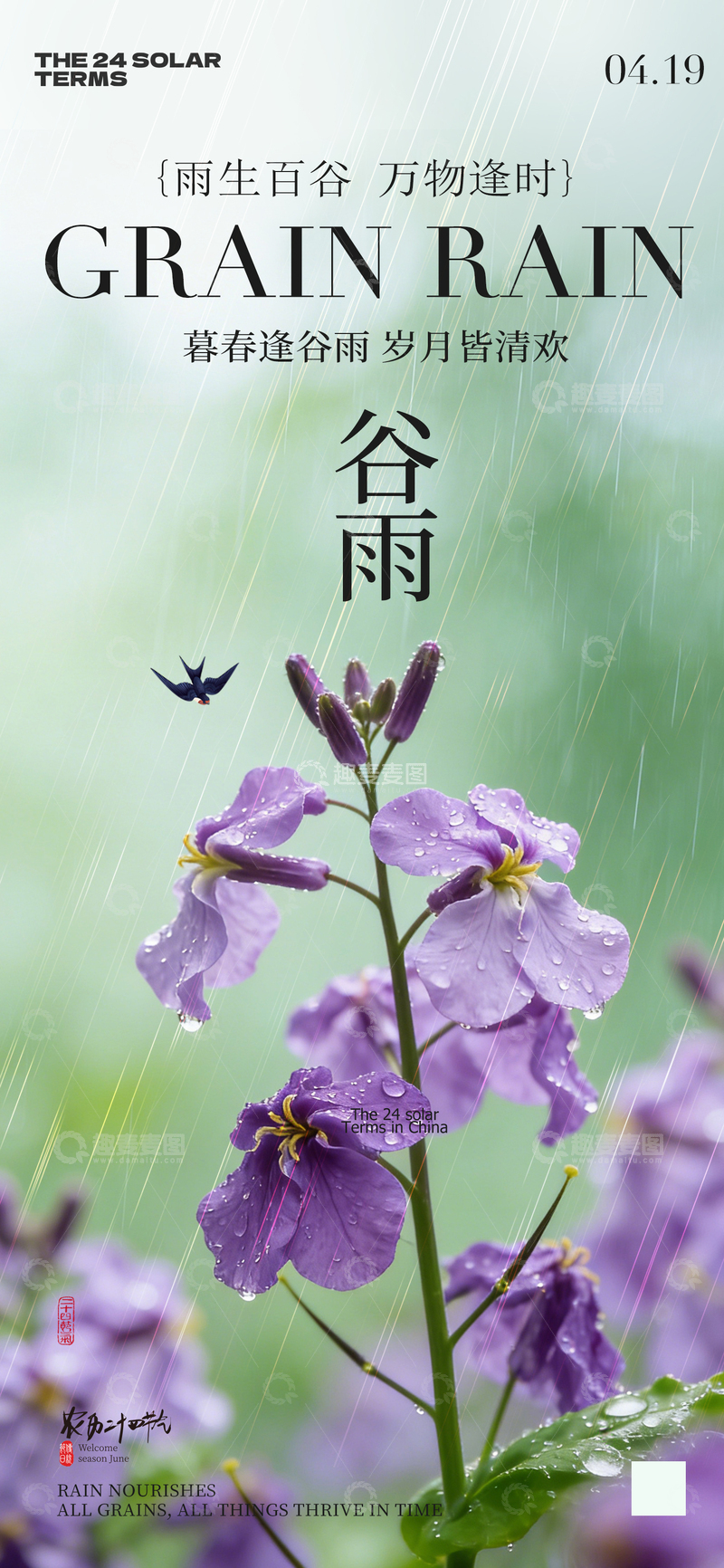 源文件下载【趣麦麦图】谷雨节气花卉海报设计