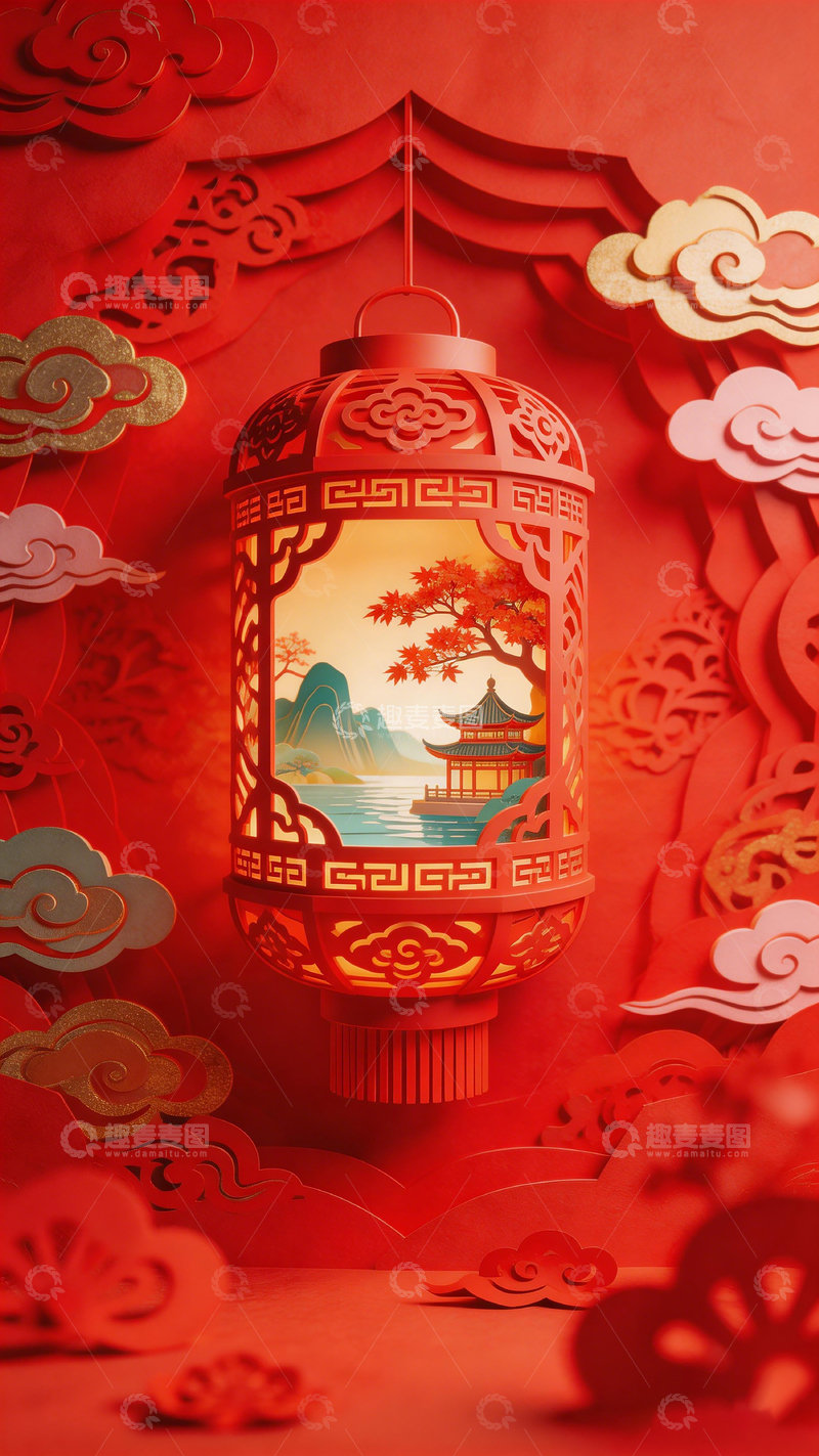 高清大图下载【趣麦麦图】中国风红灯笼剪影装饰画