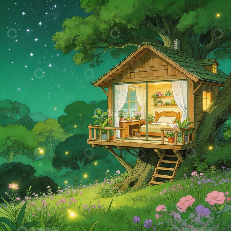 高清大图下载【趣麦麦图】童话风树屋夜景插画