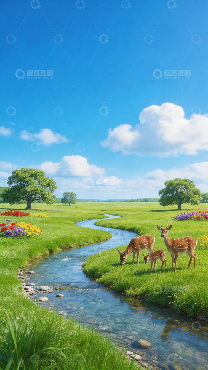 高清大图下载【趣麦麦图】田园风小鹿溪流风光壁纸